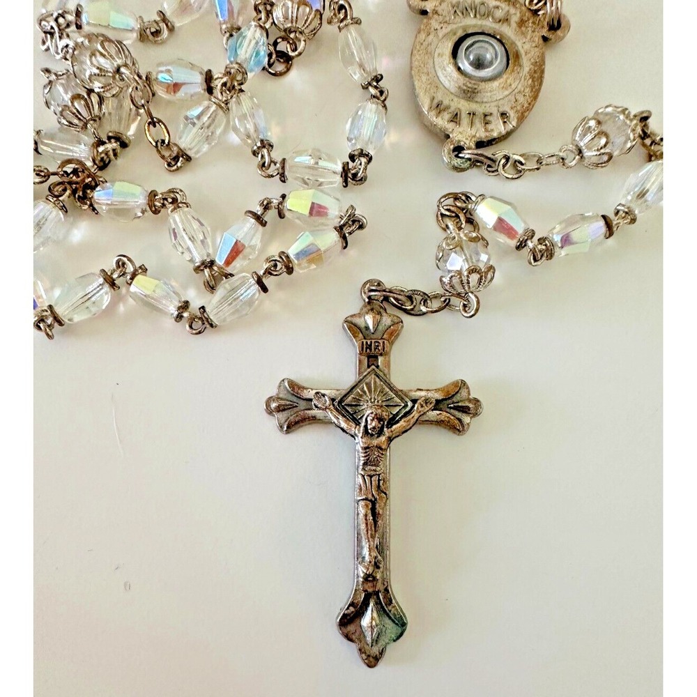 Rosary Knock Water AB Crystal Beads Silver Tone Italy Religious Catholic